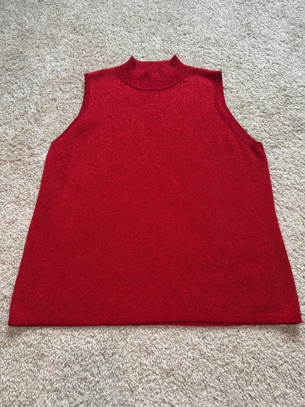 Versatile Red Metallic Silk Blend Mock Neck Sleeveless Top 2X Holiday Party